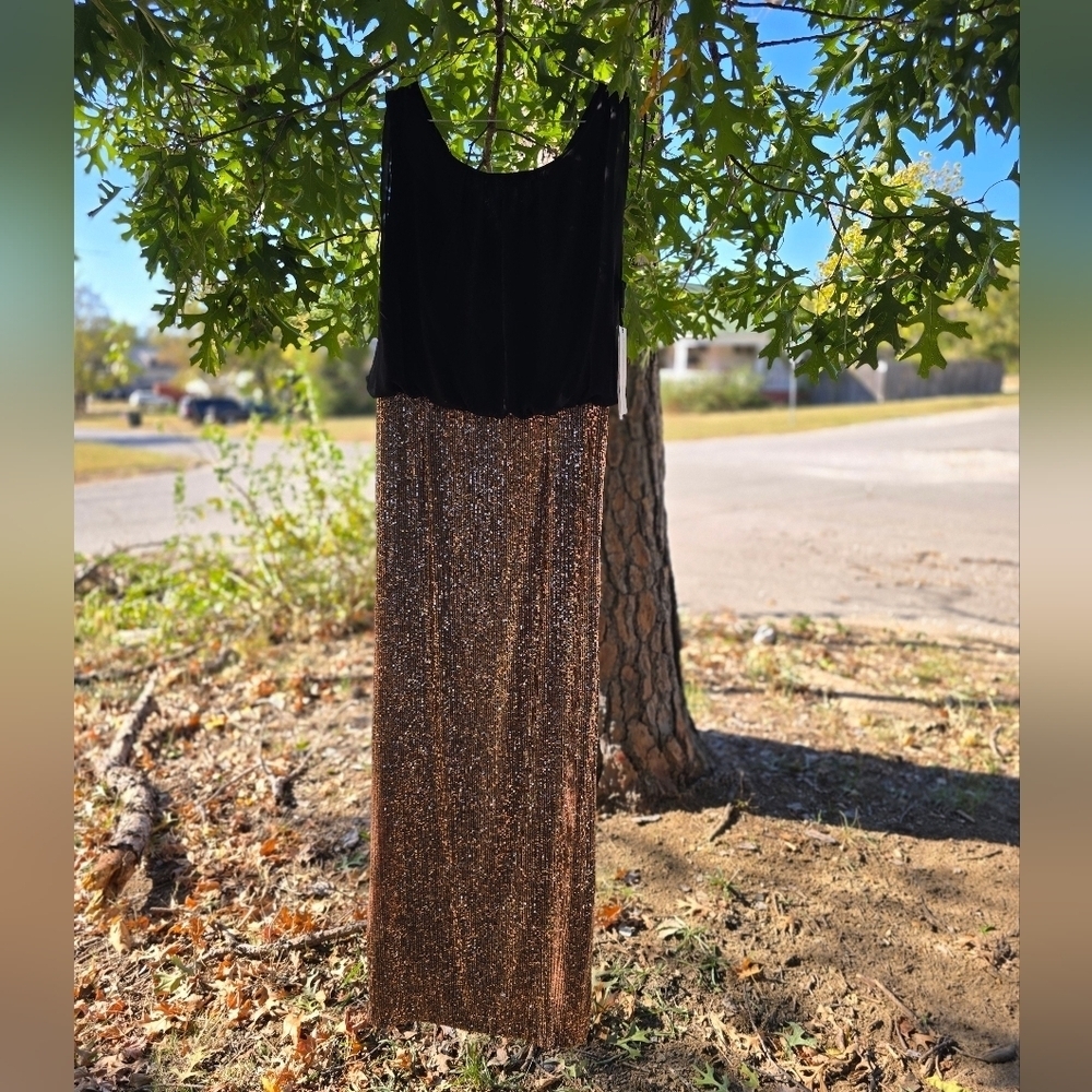CALVIN KLEIN BRONZE SEQUIN BLACK CHIFFON LONG DRESS - Picture 2 of 3